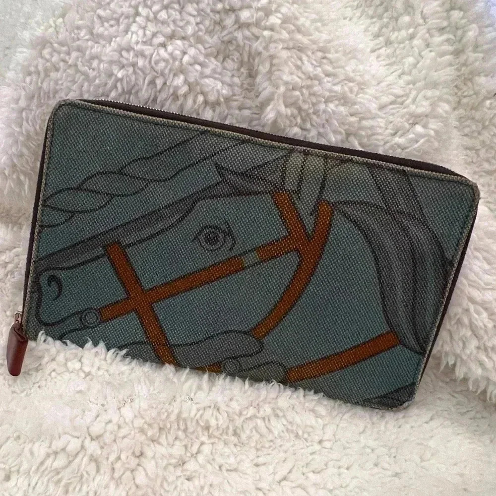 HERMES | Toile Horse Print Canvas | Oversized Wallet | Blue Brown Charcoal |